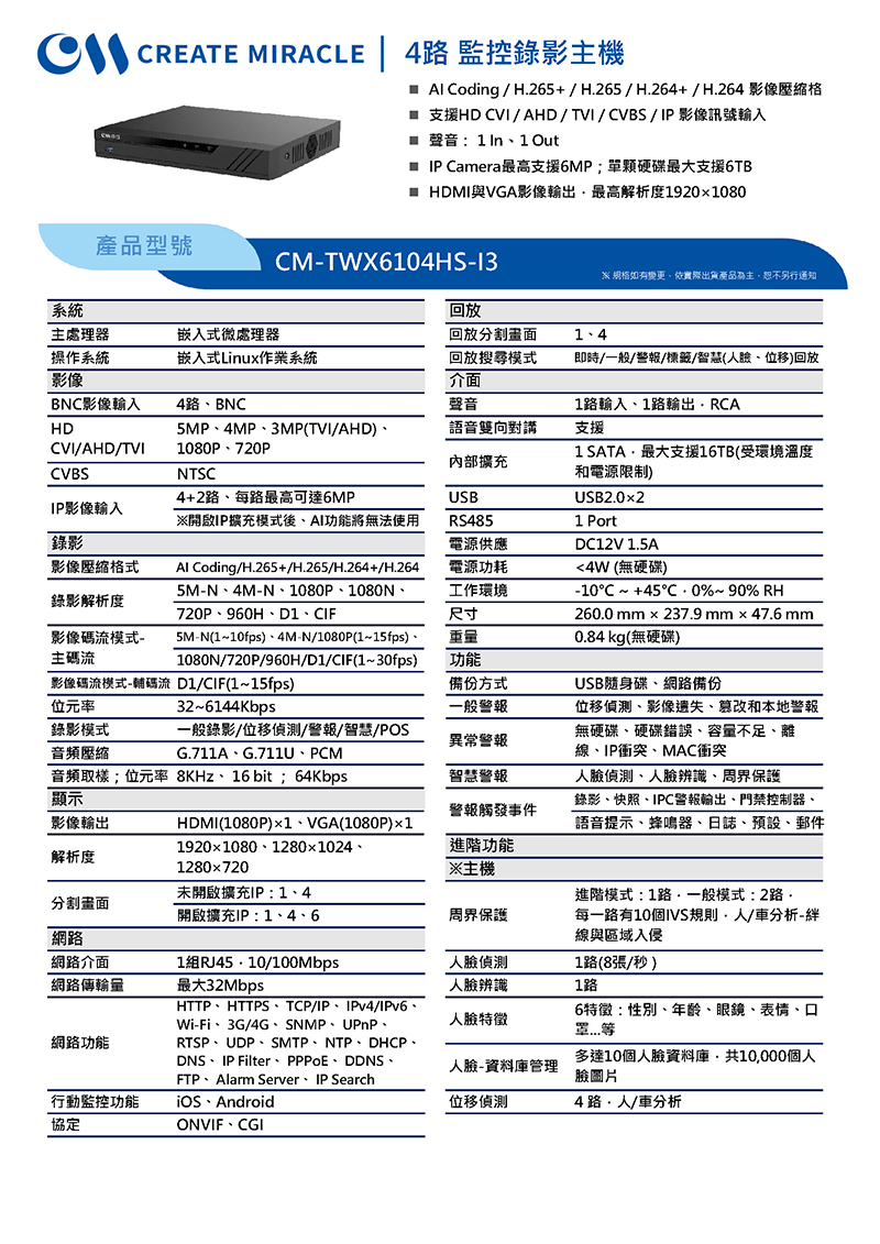 CM-TWX6104HS-I3 4路 監控錄影主機