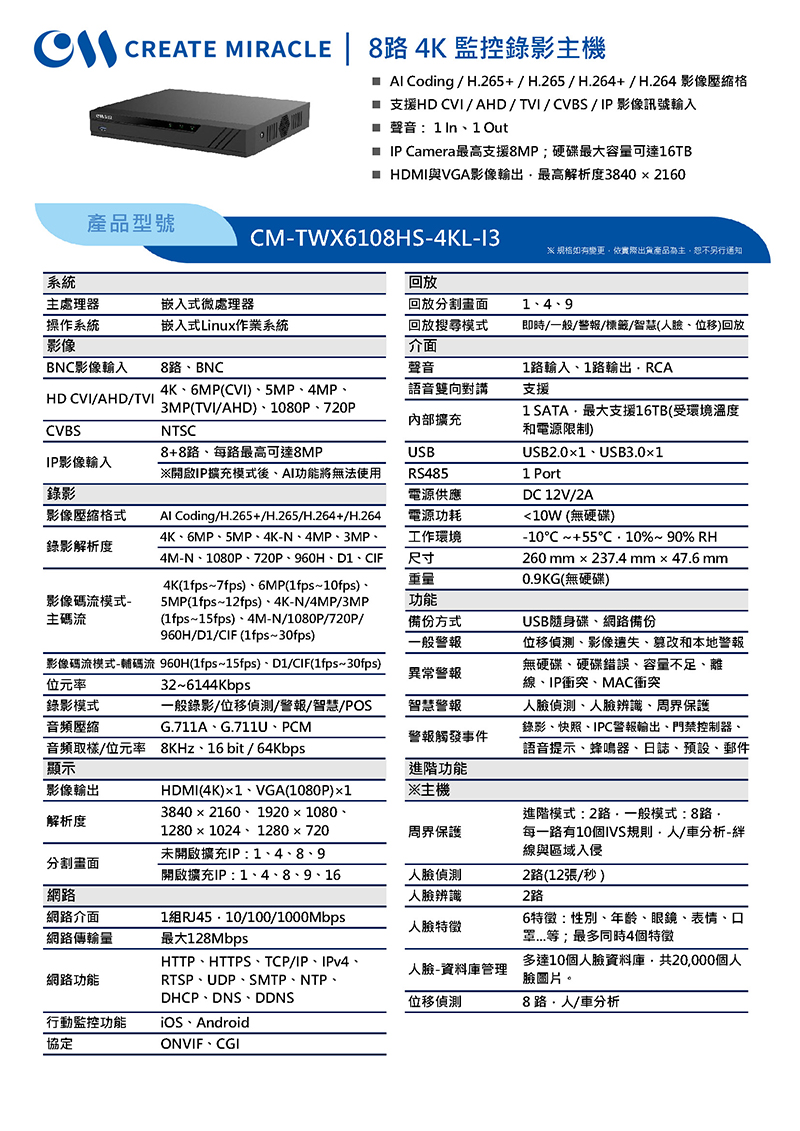 CM-TWX6108HS-4KL-I3 8路 4K 監控錄影主機