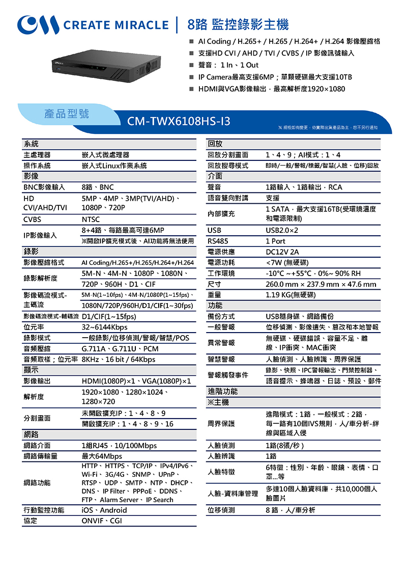 CM-TWX6108HS-I3 8路 監控錄影主機