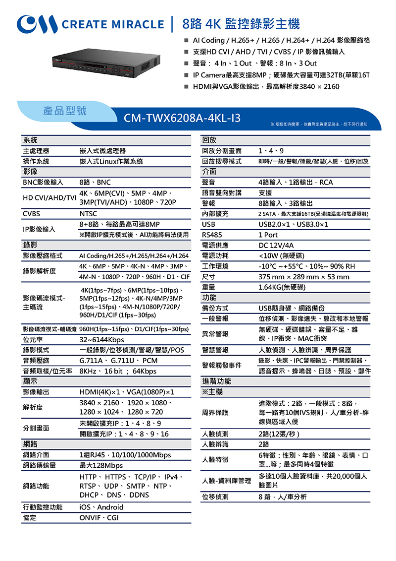 CM-TWX6208A-4KL-I3 8路 4K 監控錄影主機