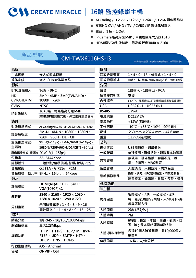 CM-TWX6116HS-I3 16路 監控錄影主機