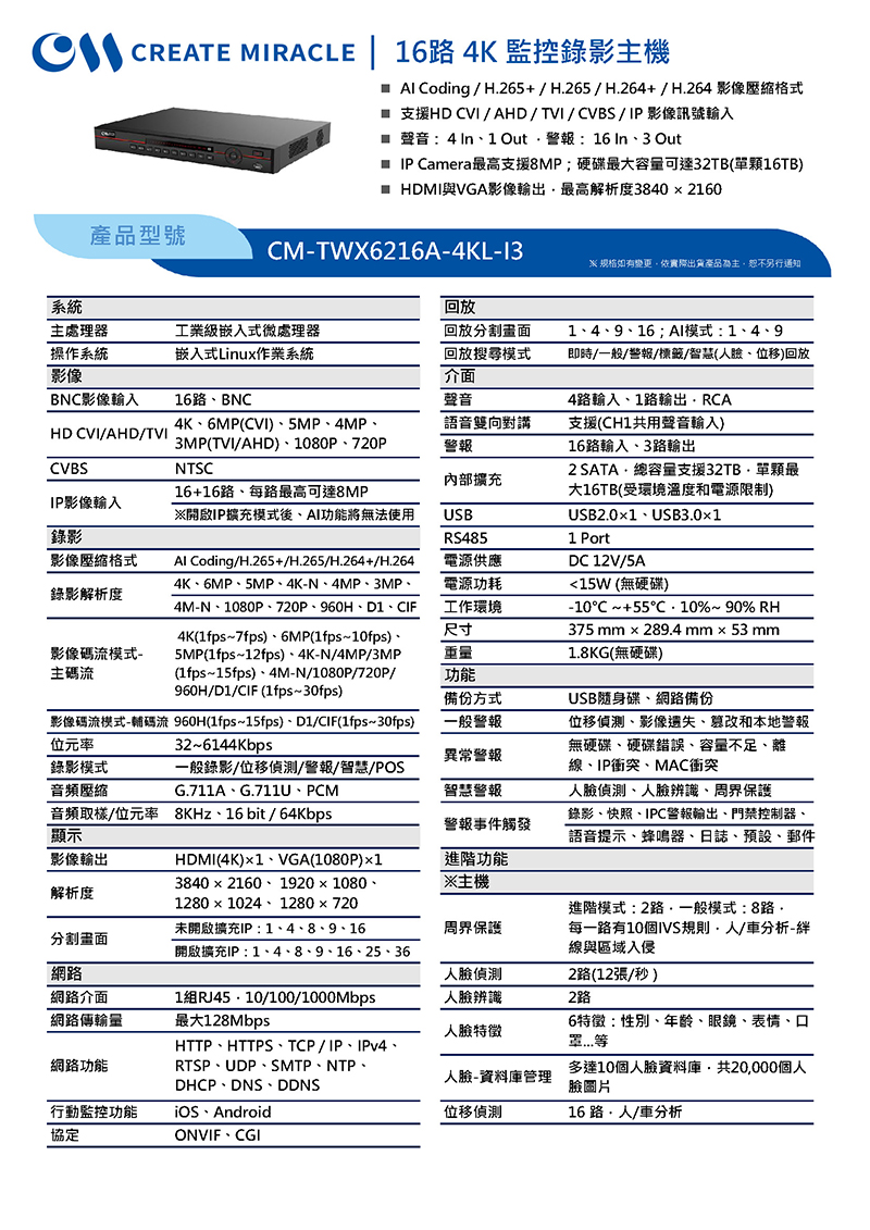 CM-TWX6216A-4KL-I3 16路 4K 監控錄影主機