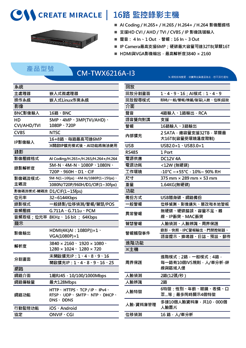 CM-TWX6216A-I3 16路 監控錄影主機