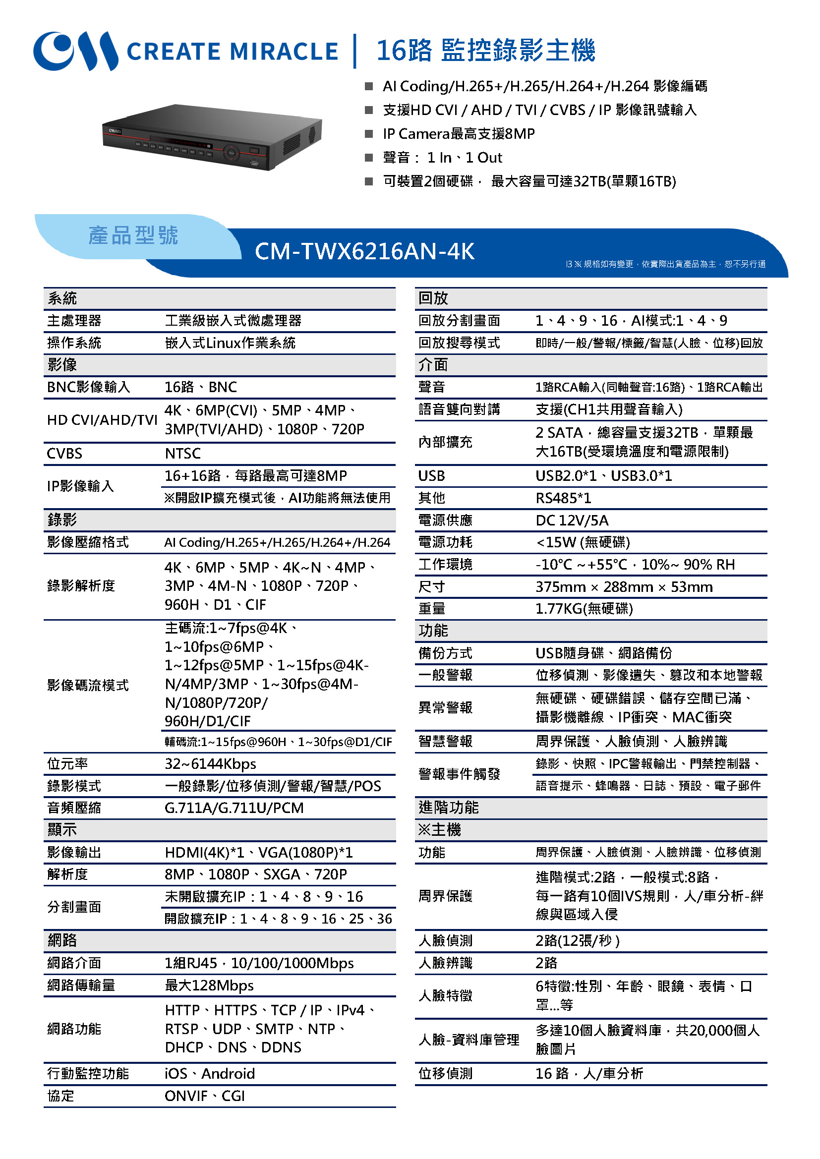 CM-TWX6216AN-4KL-I3 16路 4K 監控錄影主機