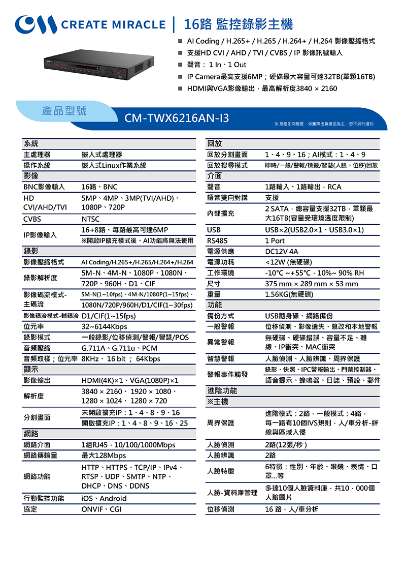 CM-TWX6216AN-I3 16路 監控錄影主機